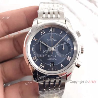 Swiss Omega De Ville Co-Axial Chrono 42MM Stainless Steel Blue Dial Copy Watch